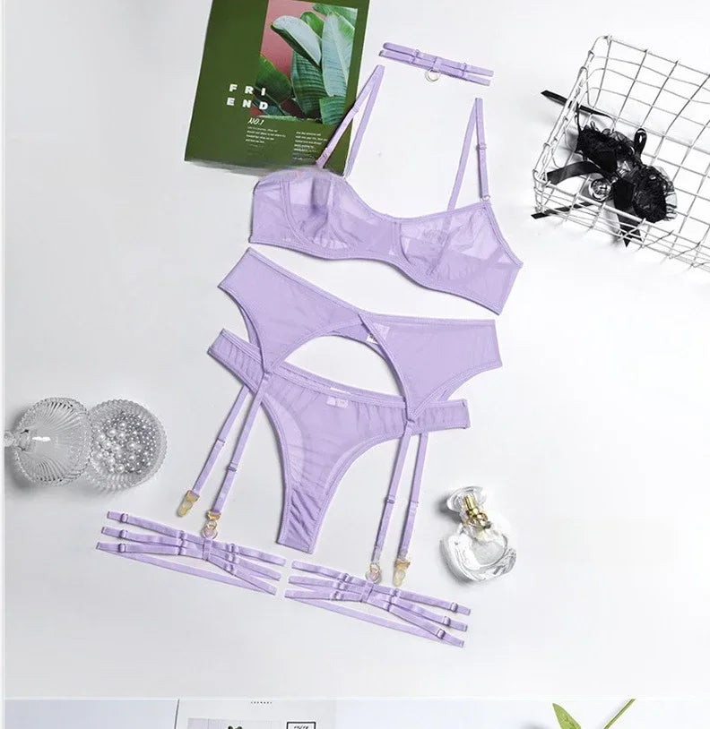Light purple lingerie set with bra, briefs and garter pieces