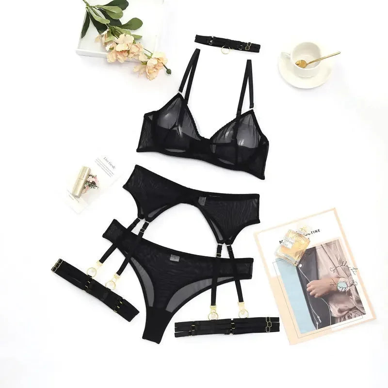 Black lingerie set with bra, briefs and garter pieces