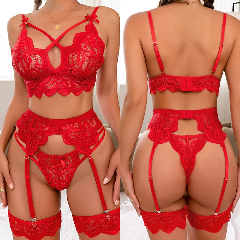 Hosey Lace Bra, Garter & G-String Set