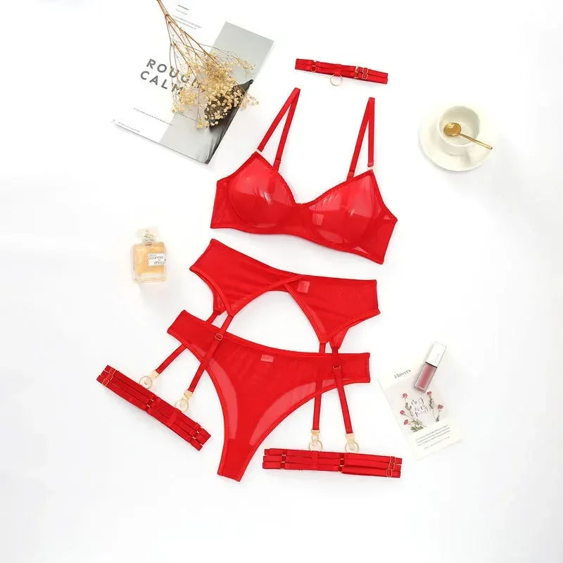 Red lingerie set with bra, briefs and garter pieces