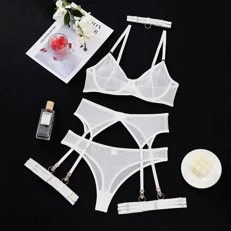 White lingerie set with bra, briefs and garter pieces