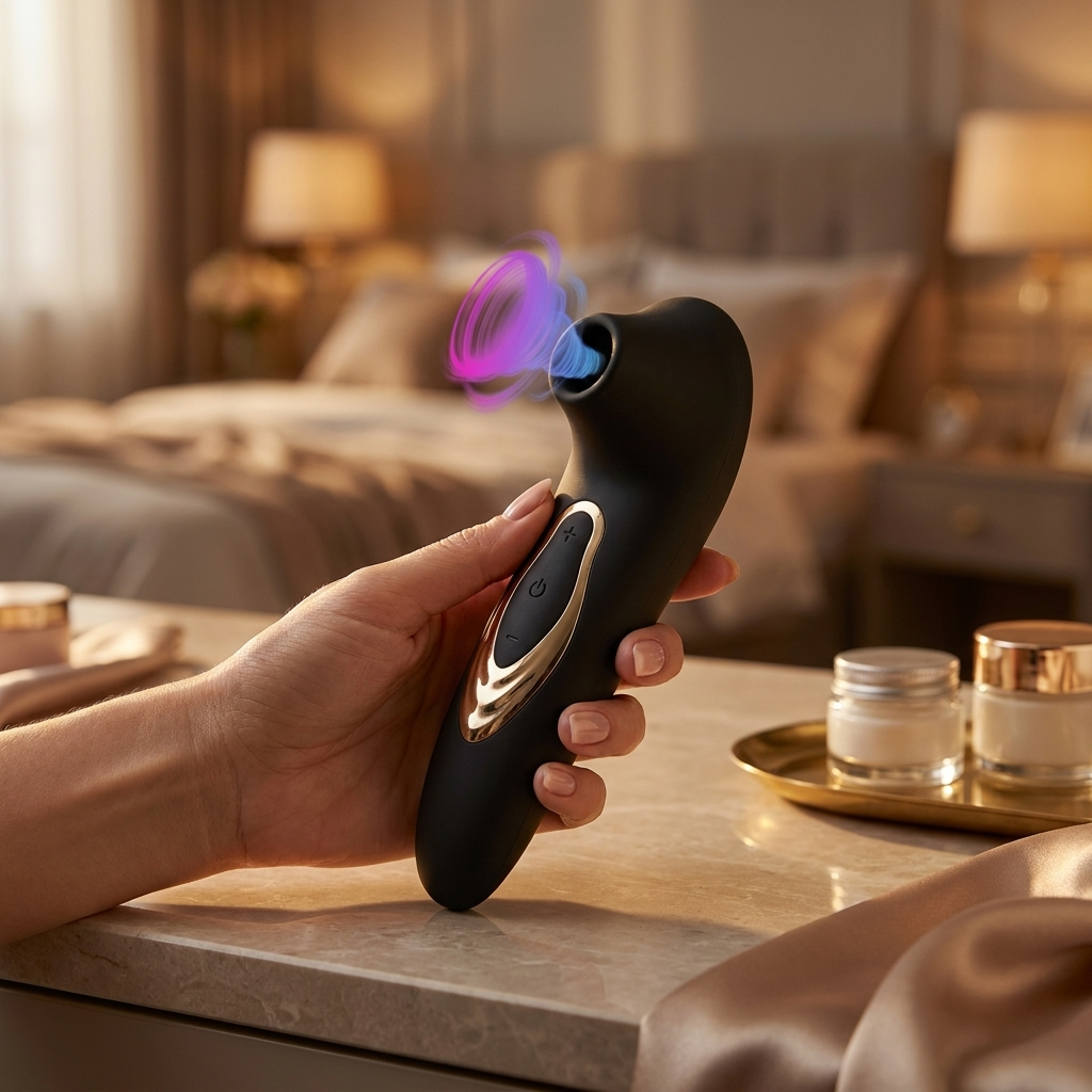 Premium lifestyle image of black suction personal wellness massager