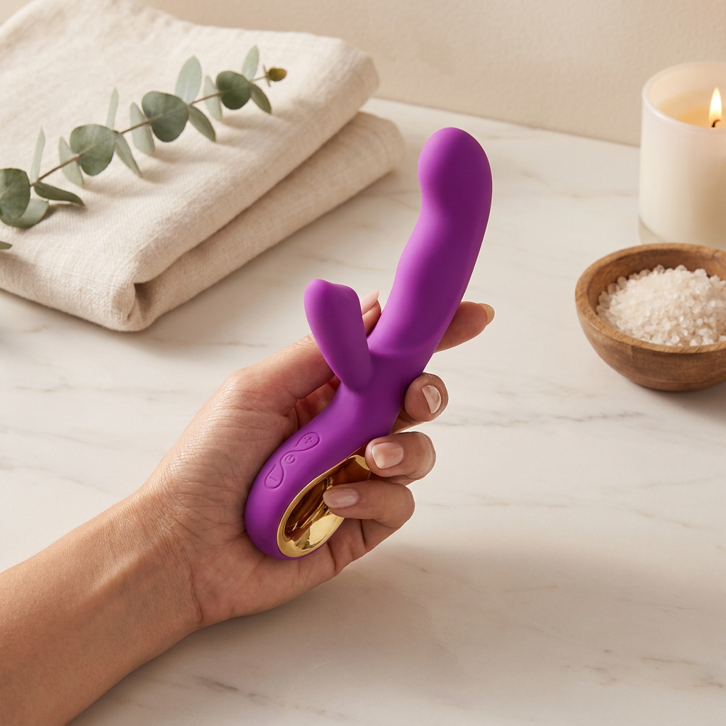 Premium lifestyle image of rabbit-style personal wellness massager