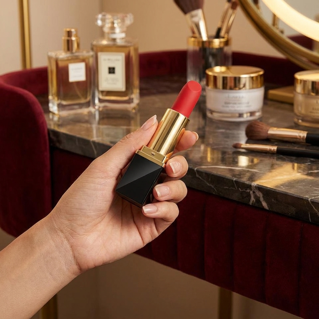 Premium lifestyle image of mini lipstick personal wellness massager