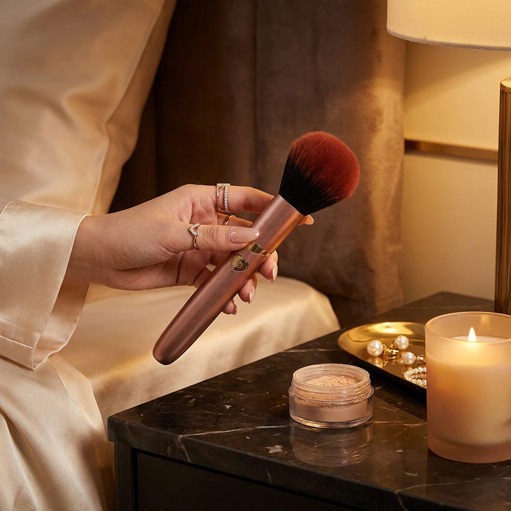 Luxury lifestyle image of the Hosey discreet personal wellness product held in an elegant spa-like setting