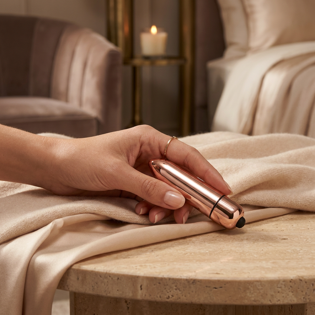Premium lifestyle image of the Hosey mini bullet vibrator held in an elegant self-care setting