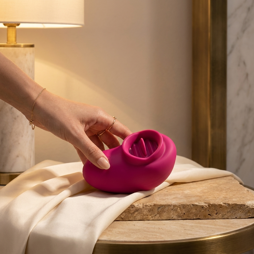 Premium lifestyle image of the Hosey two-in-one personal wellness device in an elegant bedside setting