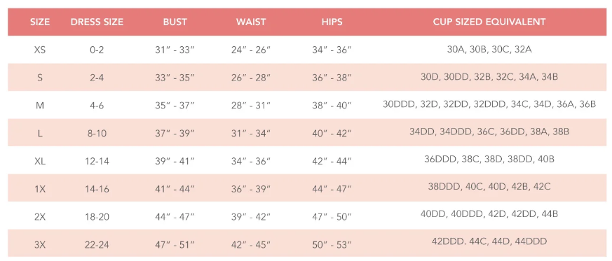 Hosey lingerie size guide with bust, waist, hips and cup size equivalents