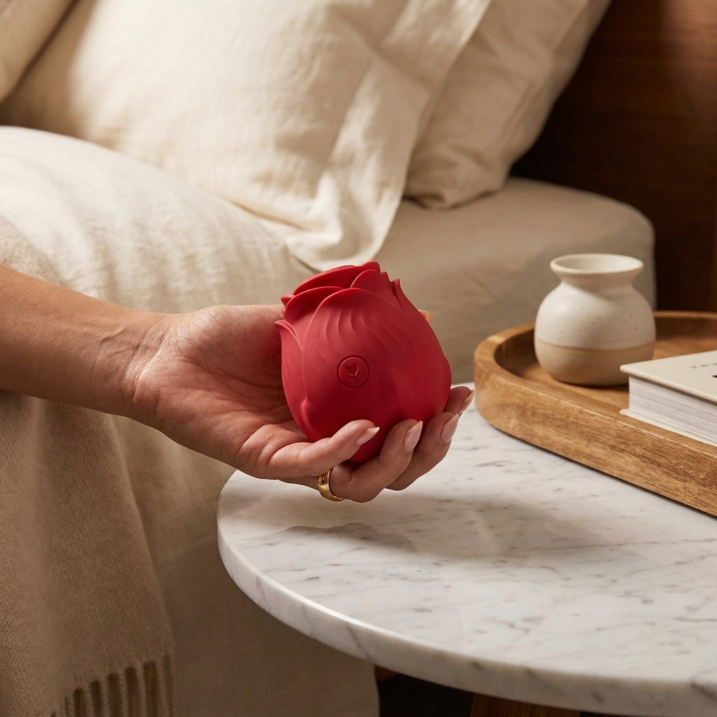 Premium lifestyle image of a handheld adult wellness product